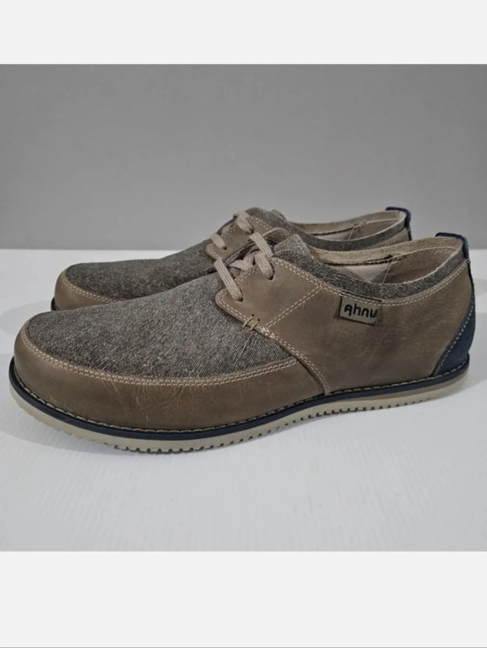 Ahnu Parkside Casual Oxford Shoe Mens 11.5 Brown Gray Blue Suede Canvas Lace Up